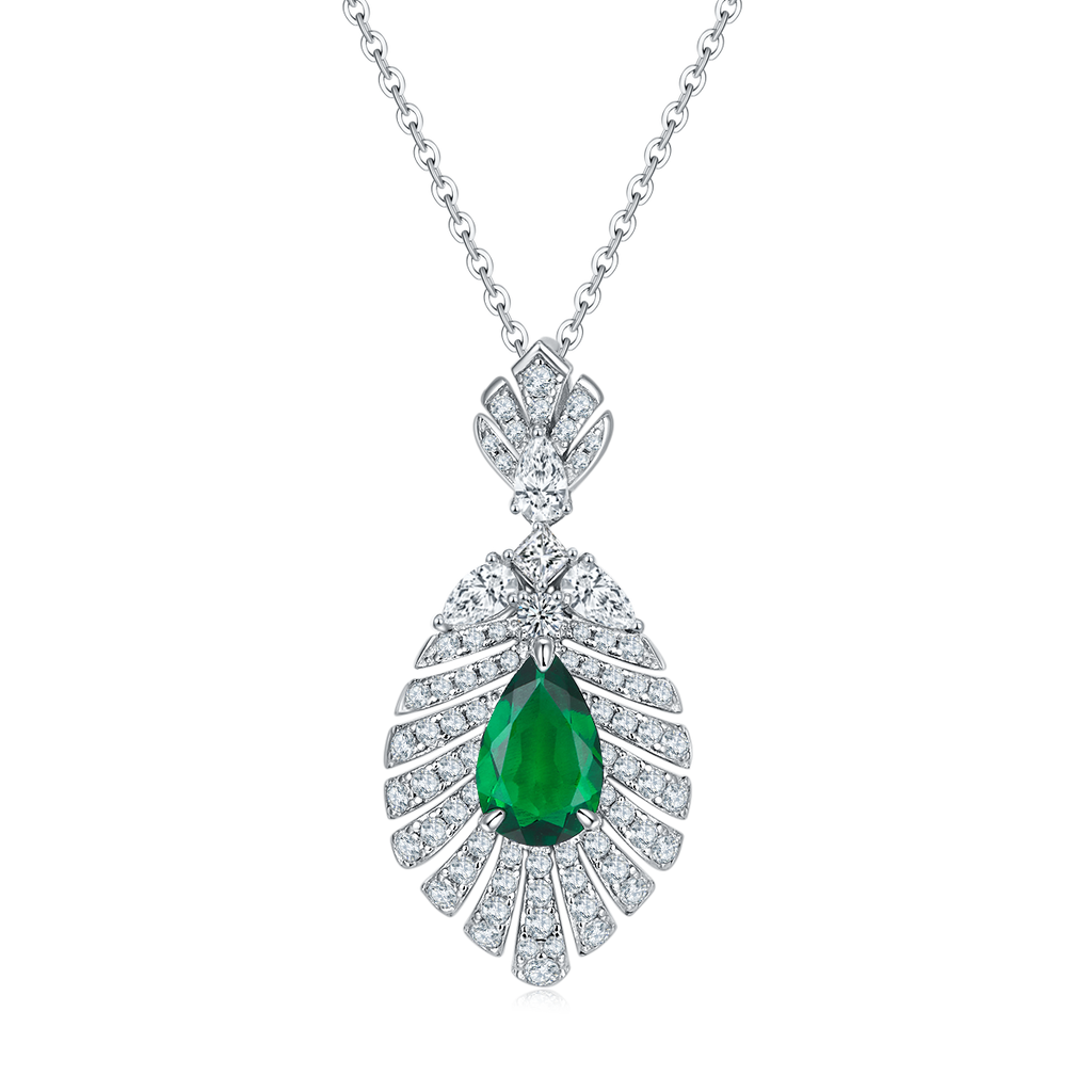 Pear-Cut Lab Emerald Art Deco Fan Pendant Necklace in 925 Sterling Silver