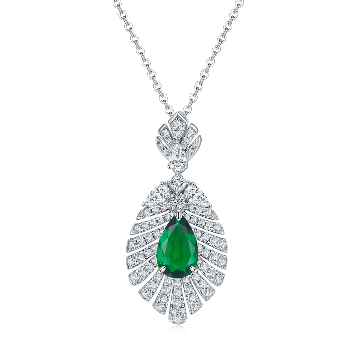 Pear-Cut Lab Emerald Art Deco Fan Pendant Necklace in 925 Sterling Silver