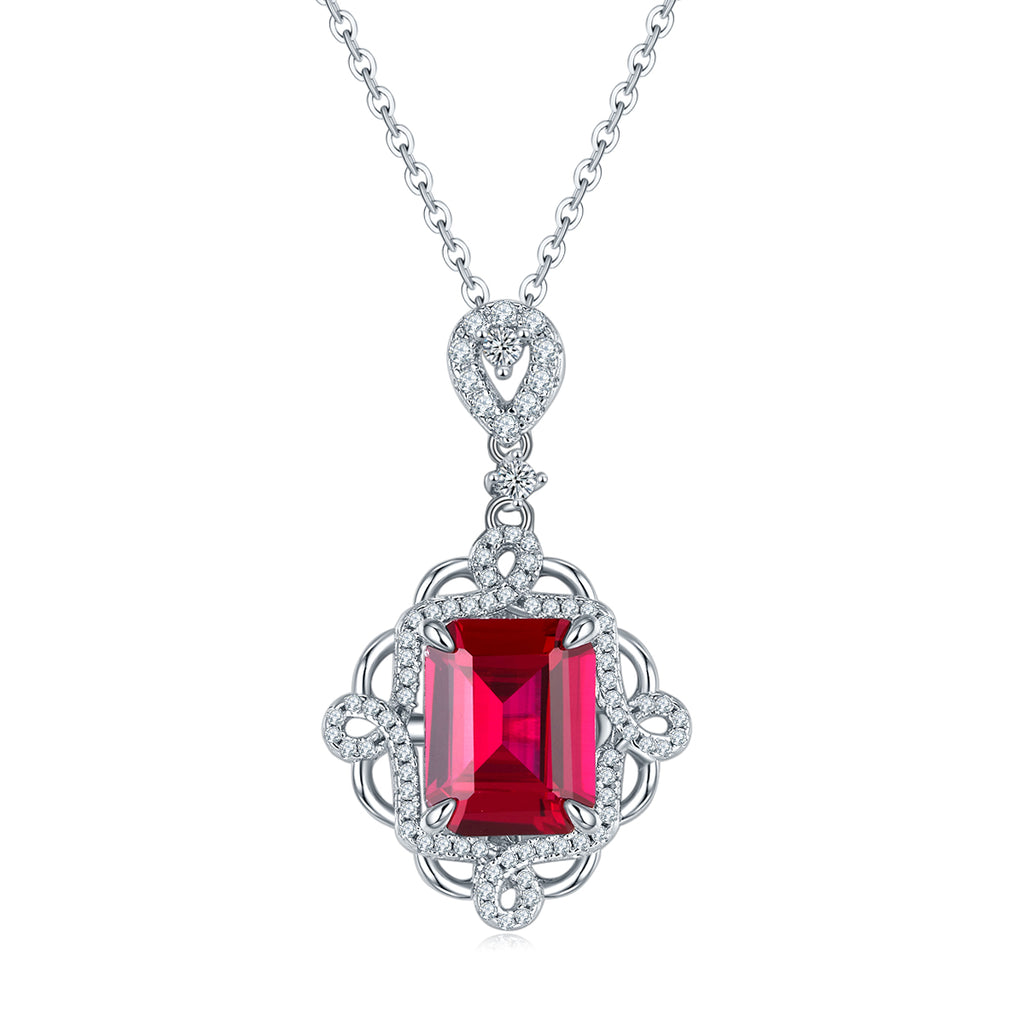 Emerald-Cut Lab Ruby Vintage Halo Pendant Necklace in 925 Sterling Silver