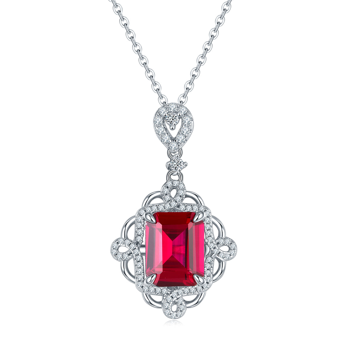 Emerald-Cut Lab Ruby Vintage Halo Pendant Necklace in 925 Sterling Silver