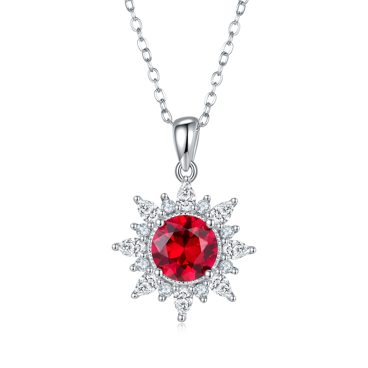 Round-Cut Lab Ruby Snowflake Halo Pendant Necklace in 925 Sterling Silver