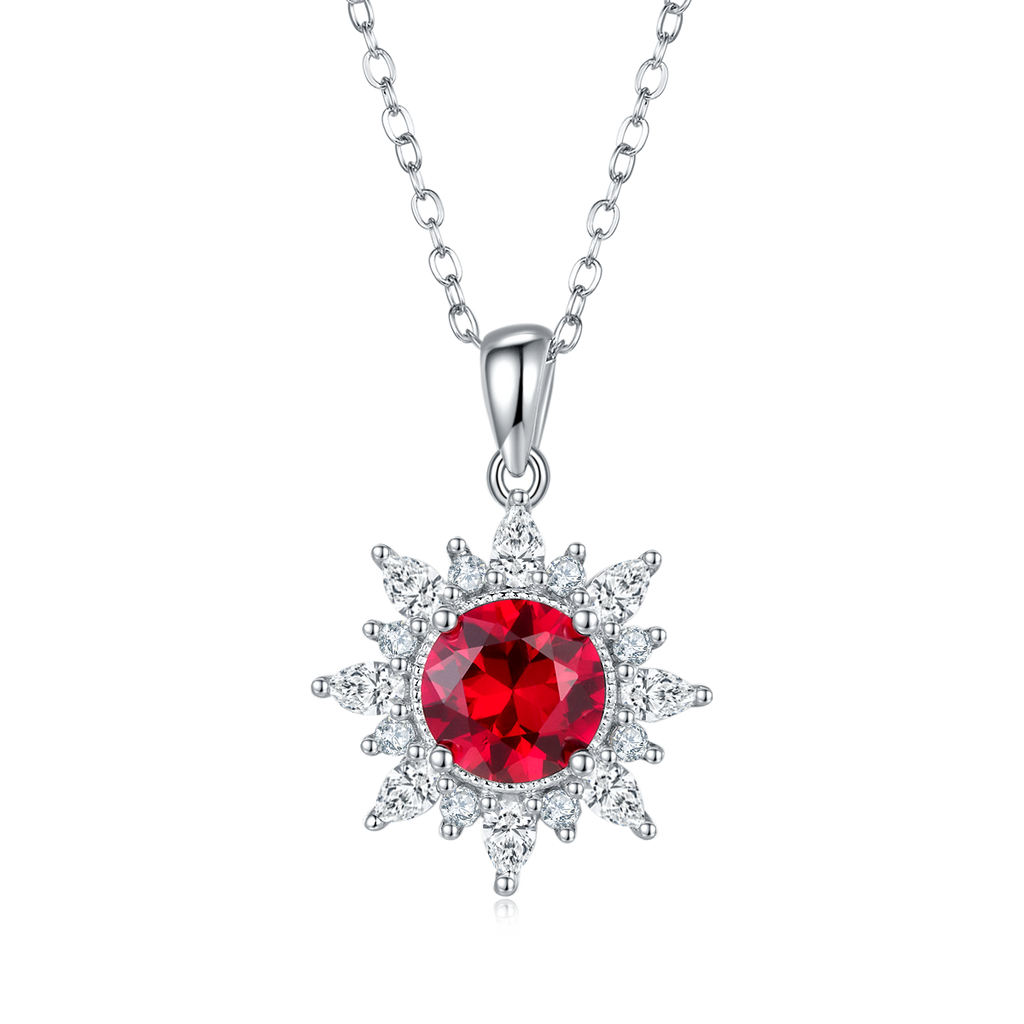 Round-Cut Lab Ruby Snowflake Halo Pendant Necklace in 925 Sterling Silver