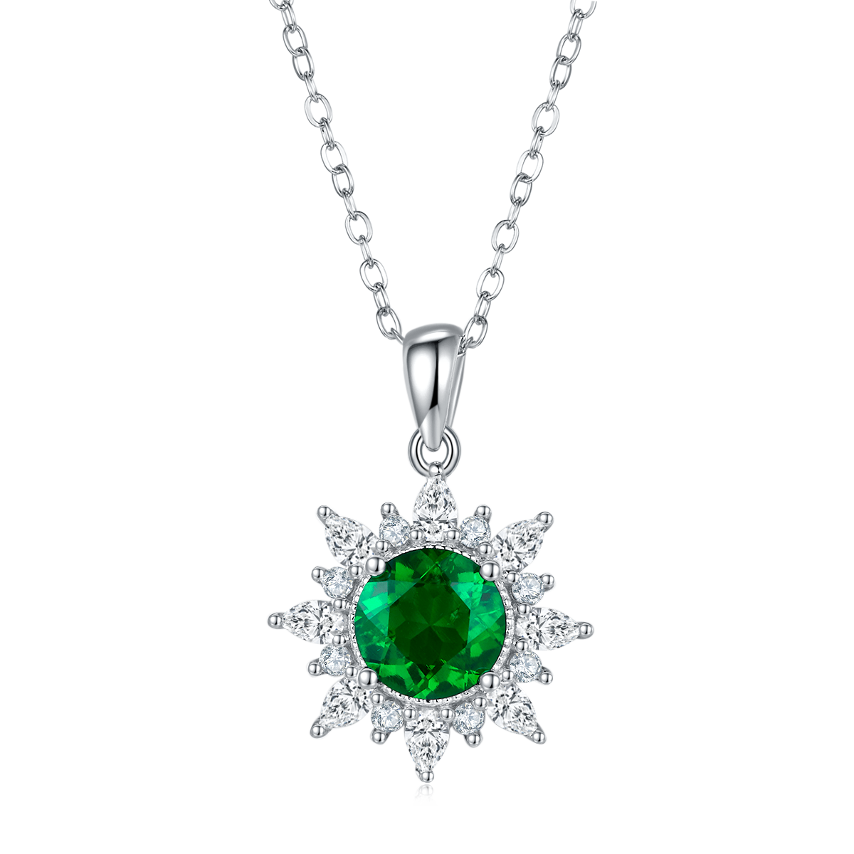 Round-Cut Lab Emerald Sunburst Halo Necklace in 925 Sterling Silver