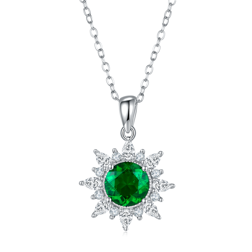 Round-Cut Lab Emerald Sunburst Halo Necklace in 925 Sterling Silver