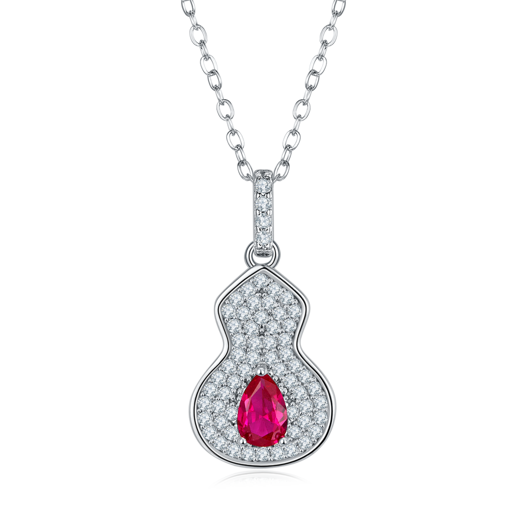 Pear-Cut Lab-Created Ruby Pavé Gourd Pendant Necklace in 925 Sterling Silver