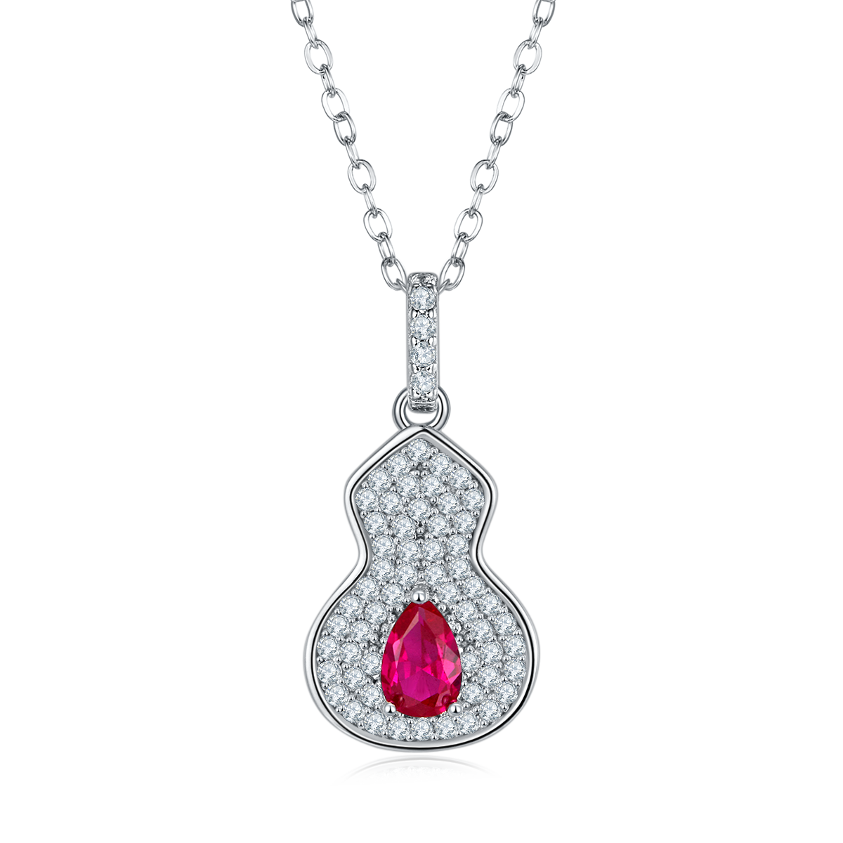 Pear-Cut Lab-Created Ruby Pavé Gourd Pendant Necklace in 925 Sterling Silver