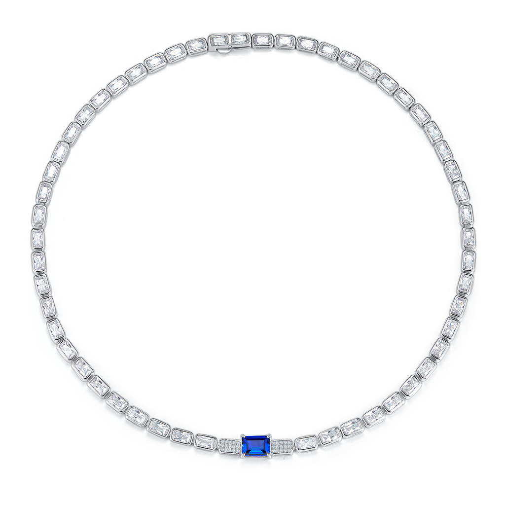Emerald-Cut Lab Sapphire Tennis Necklace in 925 Sterling Silver
