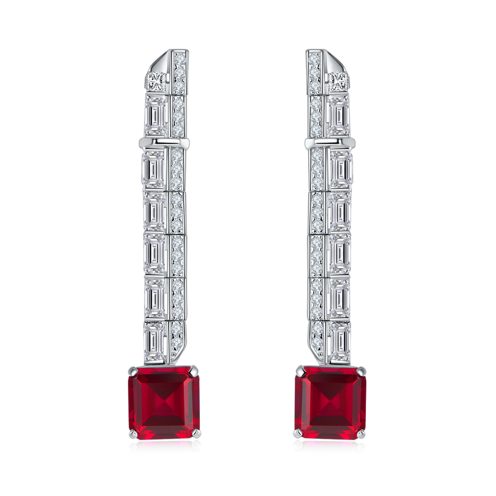 Princess-Cut Red Moissanite Art Deco Drop Earrings in 925 Sterling Silver