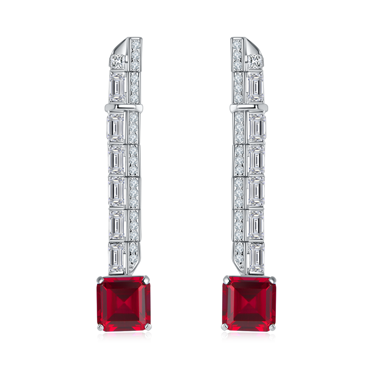 Princess-Cut Red Moissanite Art Deco Drop Earrings in 925 Sterling Silver