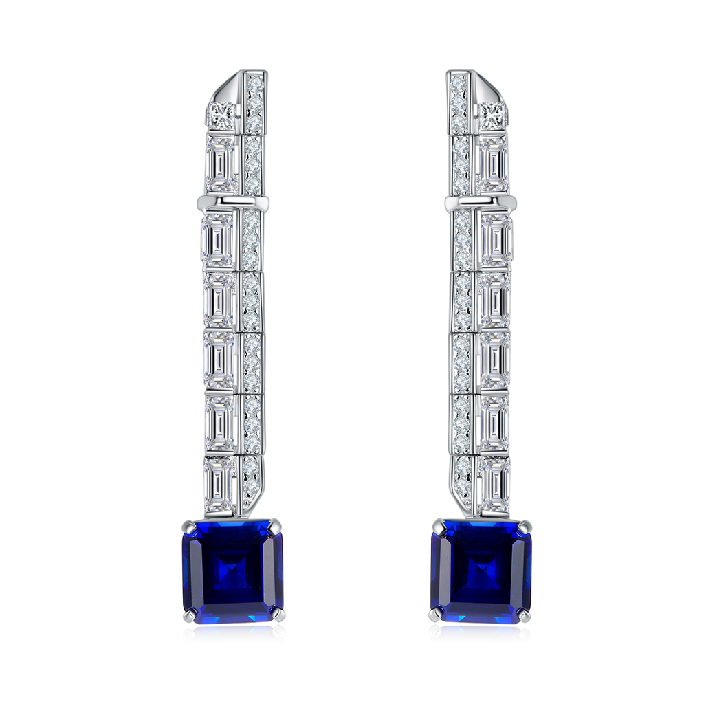 Princess-Cut Lab Sapphire Art Deco Linear Drop Earrings in Sterling Silver