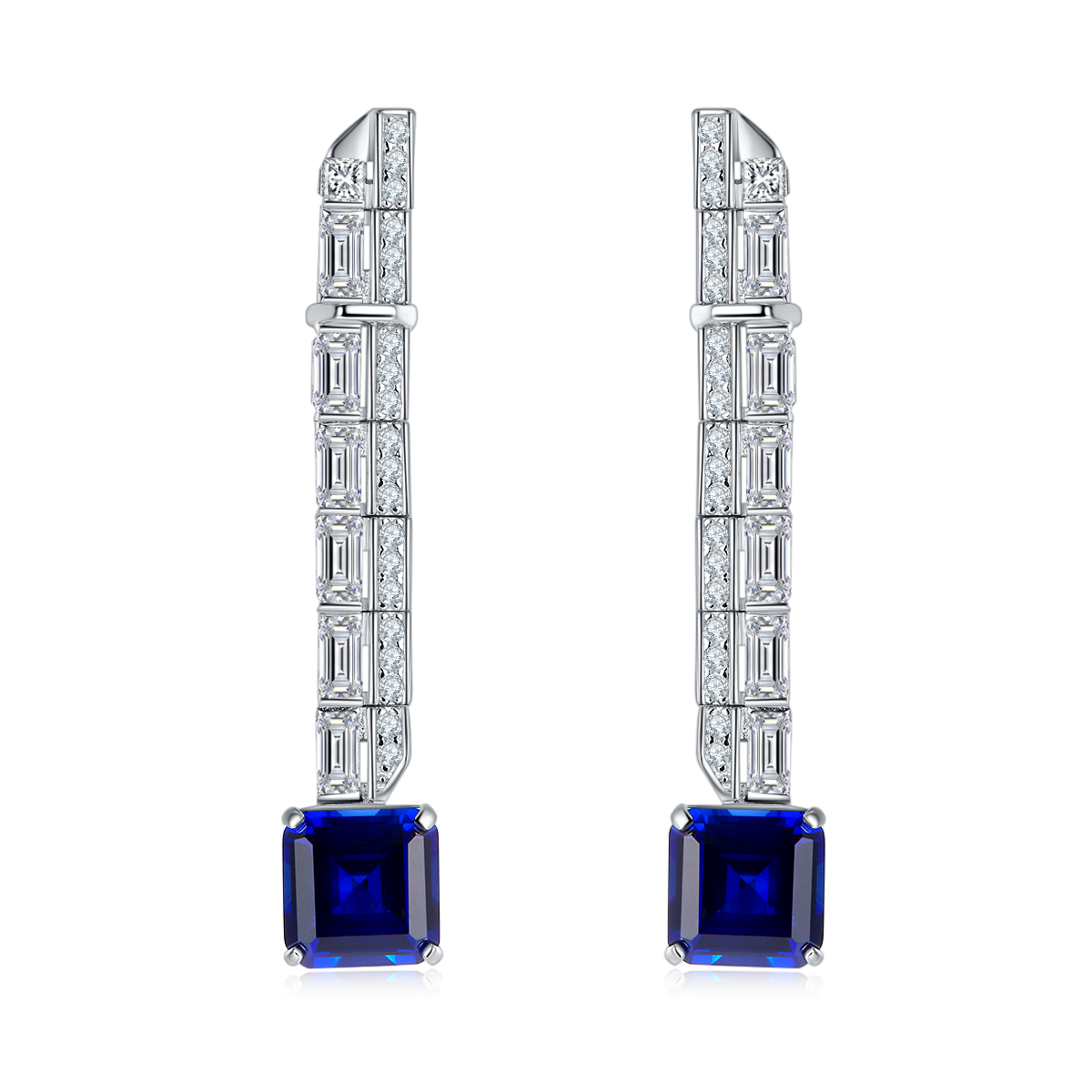 Princess-Cut Lab Sapphire Art Deco Linear Drop Earrings in Sterling Silver