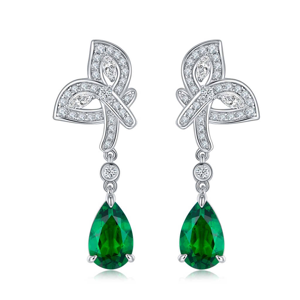 Pear-Cut Lab Emerald Leaf Motif Drop Earrings in 925 Sterling Silver