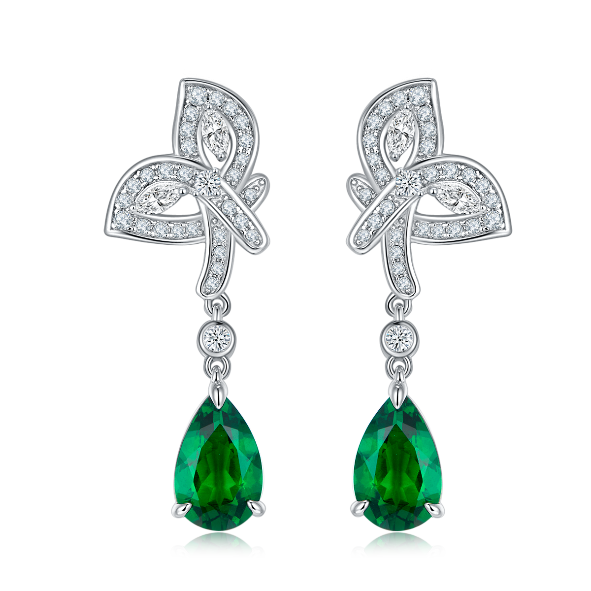 Pear-Cut Lab Emerald Leaf Motif Drop Earrings in 925 Sterling Silver