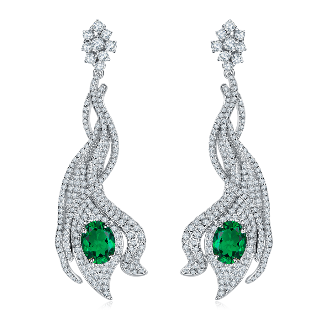Oval-Cut Green Moissanite Pavé Flame Drop Earrings in 925 Sterling Silver