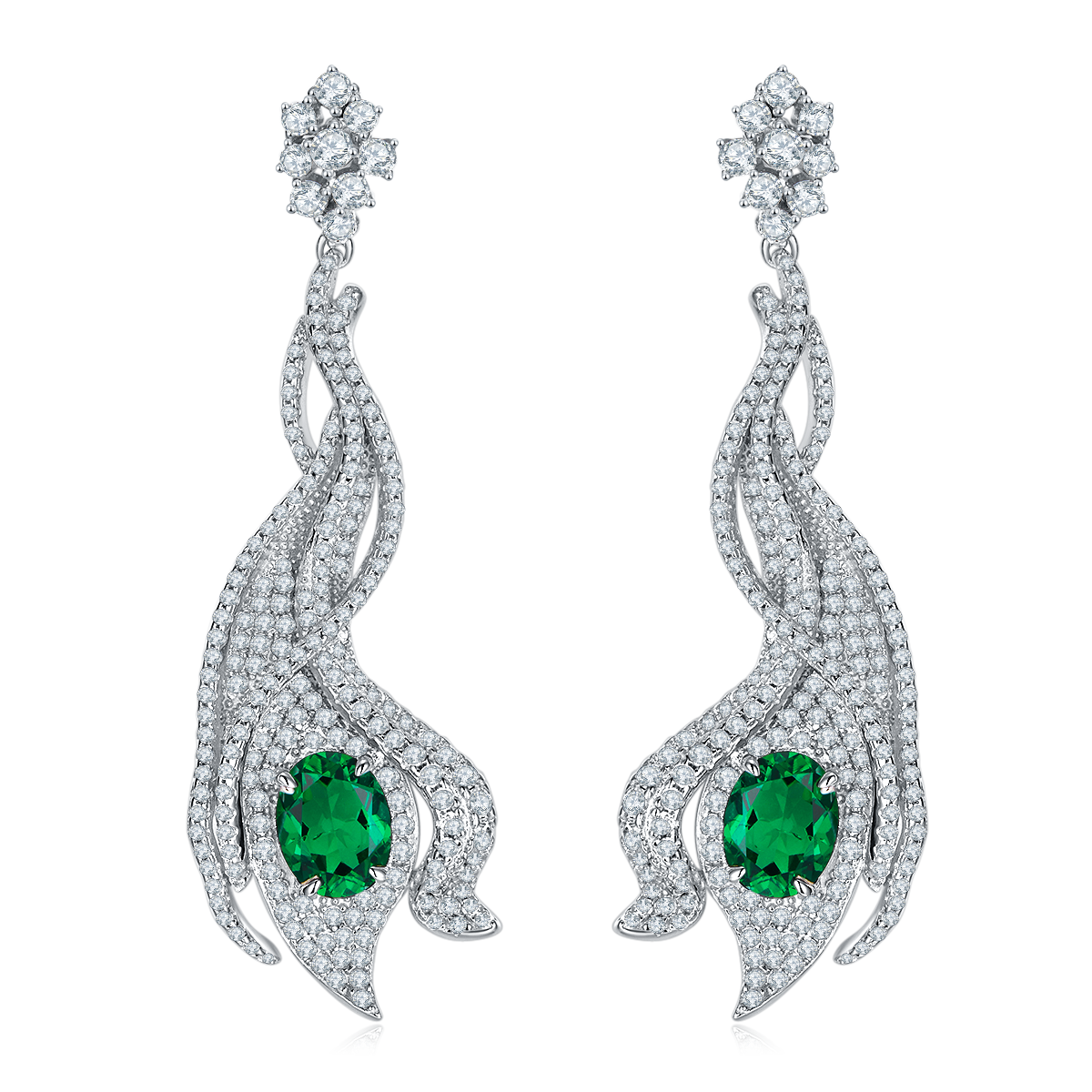 Oval-Cut Green Moissanite Pavé Flame Drop Earrings in 925 Sterling Silver