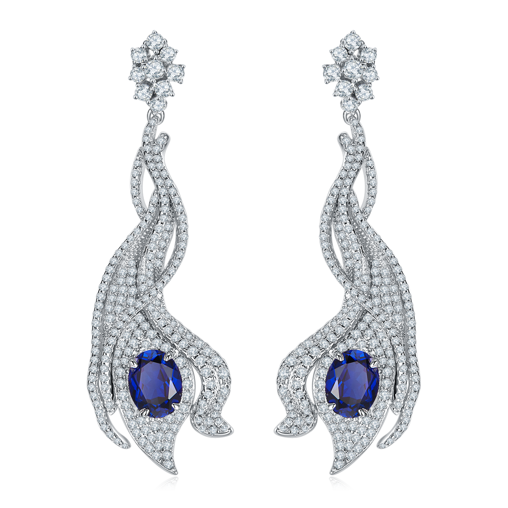 Oval-Cut Lab-Created Sapphire Flame Drop Earrings in 925 Sterling Silver