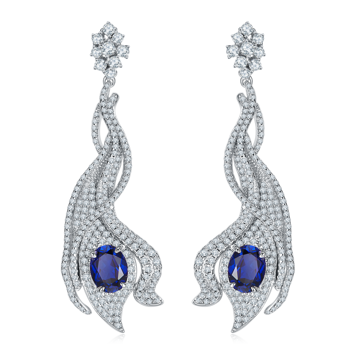 Oval-Cut Lab-Created Sapphire Flame Drop Earrings in 925 Sterling Silver