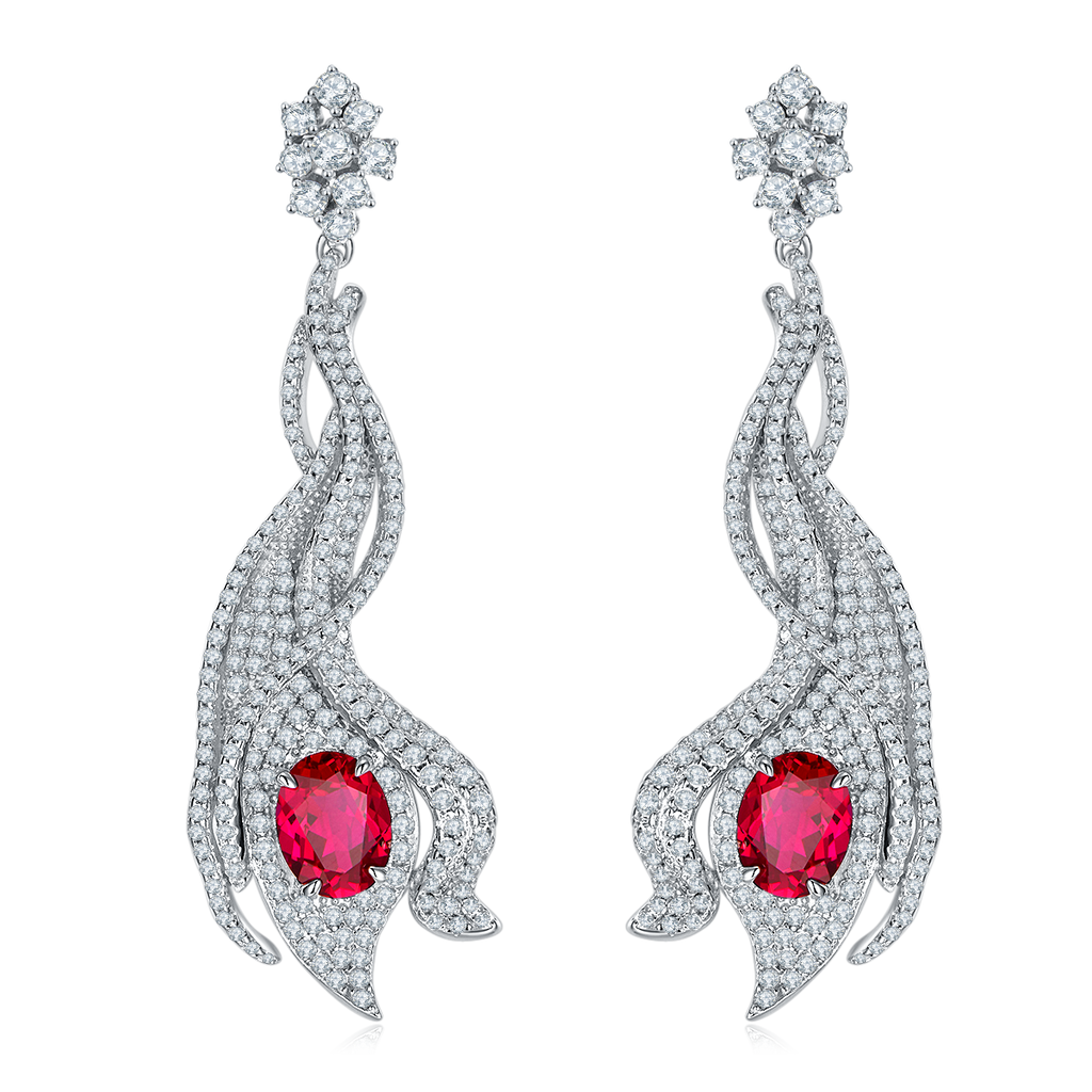 Oval-Cut Lab Ruby Flame-Inspired Drop Earrings in 925 Sterling Silver