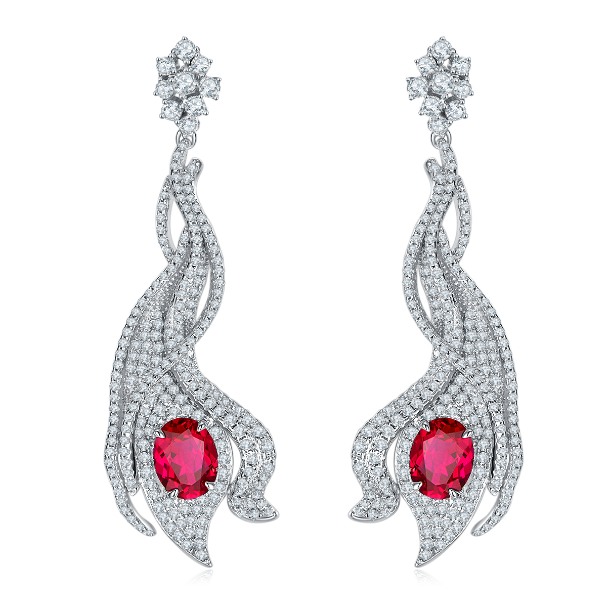Oval-Cut Lab Ruby Flame-Inspired Drop Earrings in 925 Sterling Silver