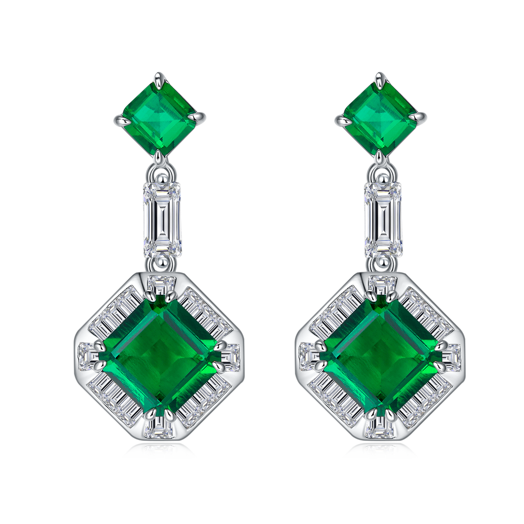 Asscher-Cut Lab Emerald Art Deco Drop Earrings in 925 Sterling Silver