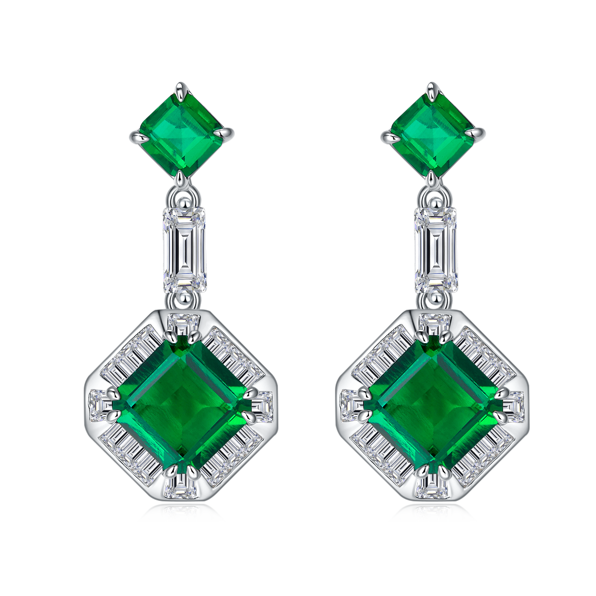 Asscher-Cut Lab Emerald Art Deco Drop Earrings in 925 Sterling Silver