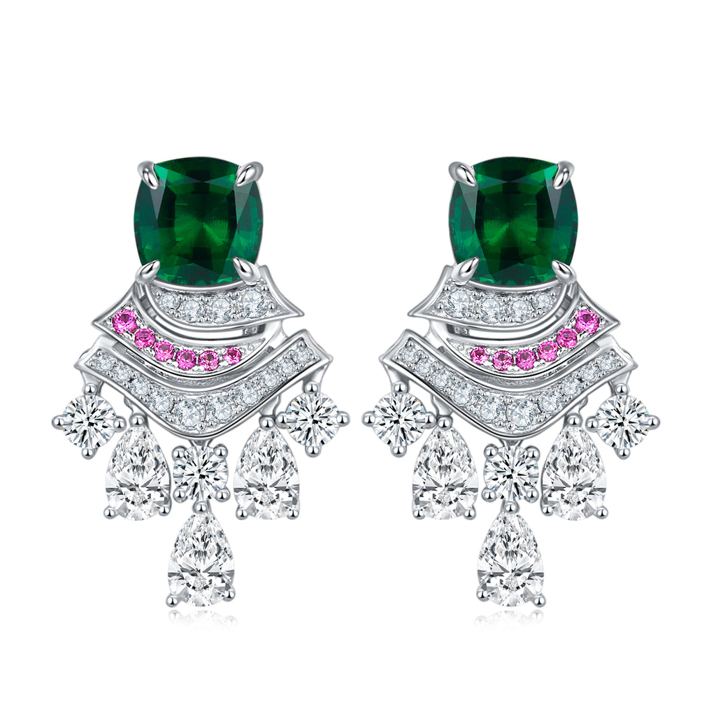 Cushion-Cut Lab Emerald Art Deco Fan Drop Earrings in 925 Sterling Silver