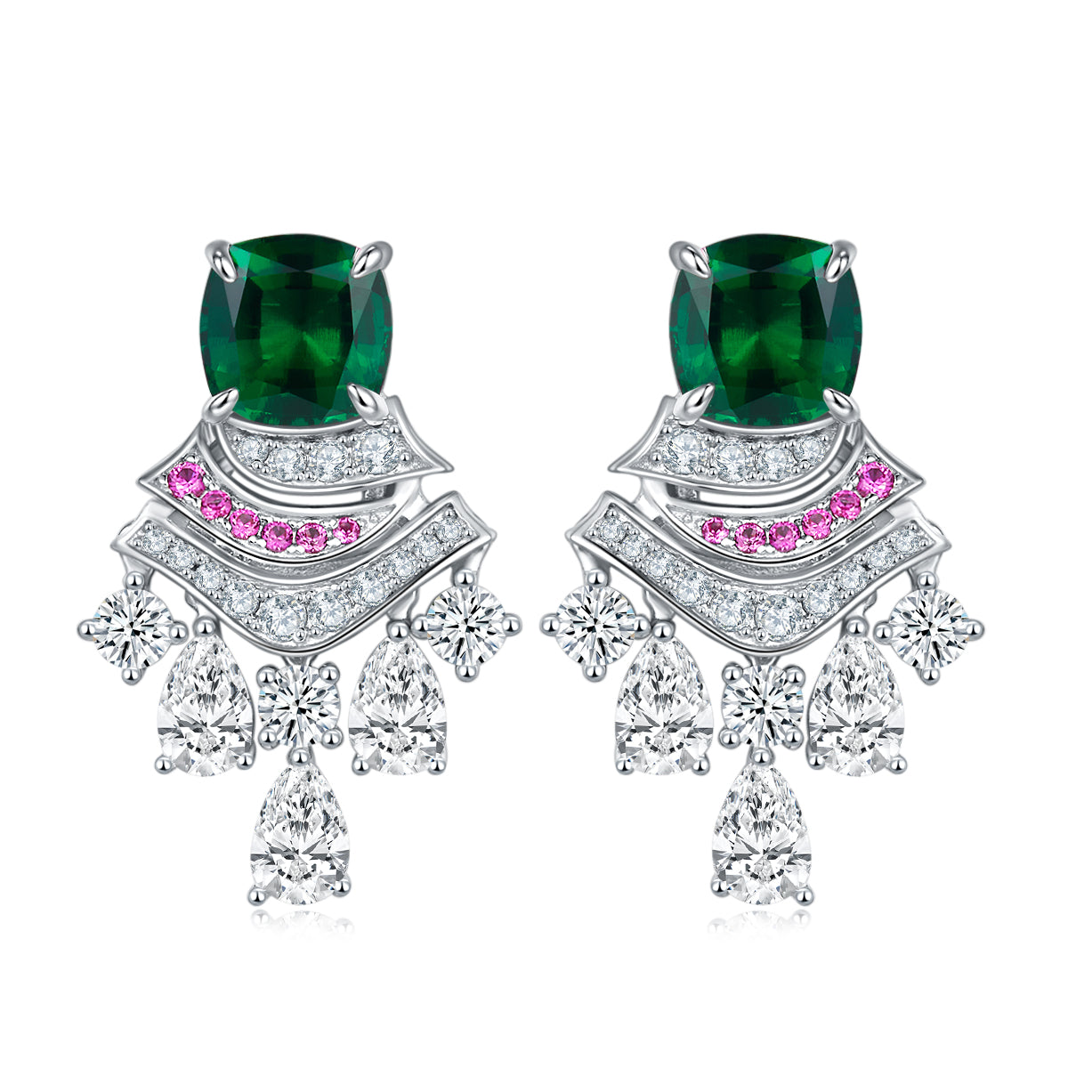 Cushion-Cut Lab Emerald Art Deco Fan Drop Earrings in 925 Sterling Silver