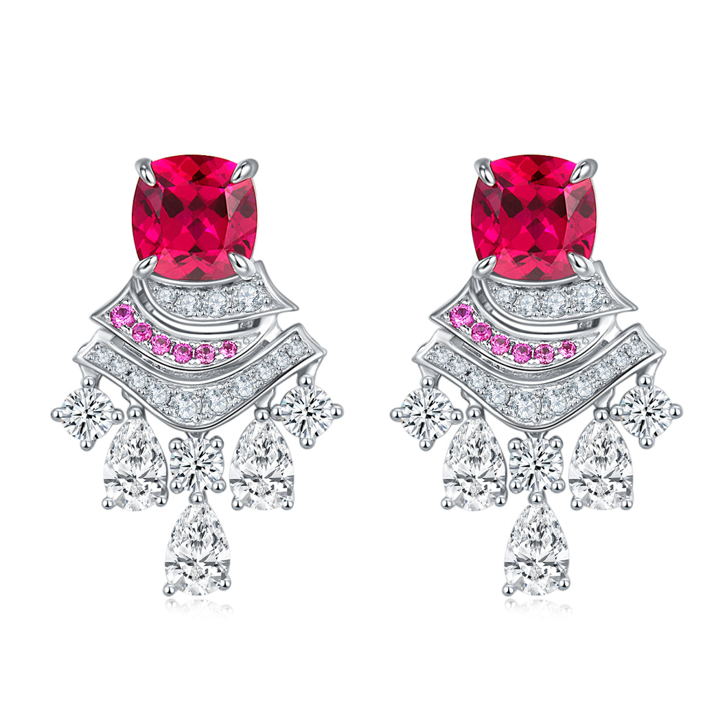 Cushion-Cut Lab-Created Ruby Art Deco Drop Earrings in 925 Sterling Silver