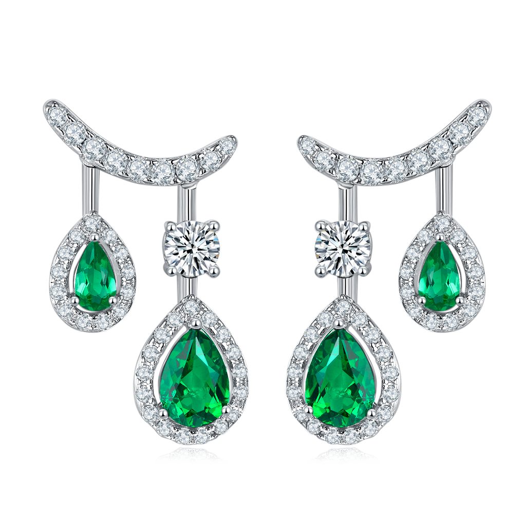 Pear-Cut Lab Emerald Halo Drop Earrings in 925 Sterling Silver
