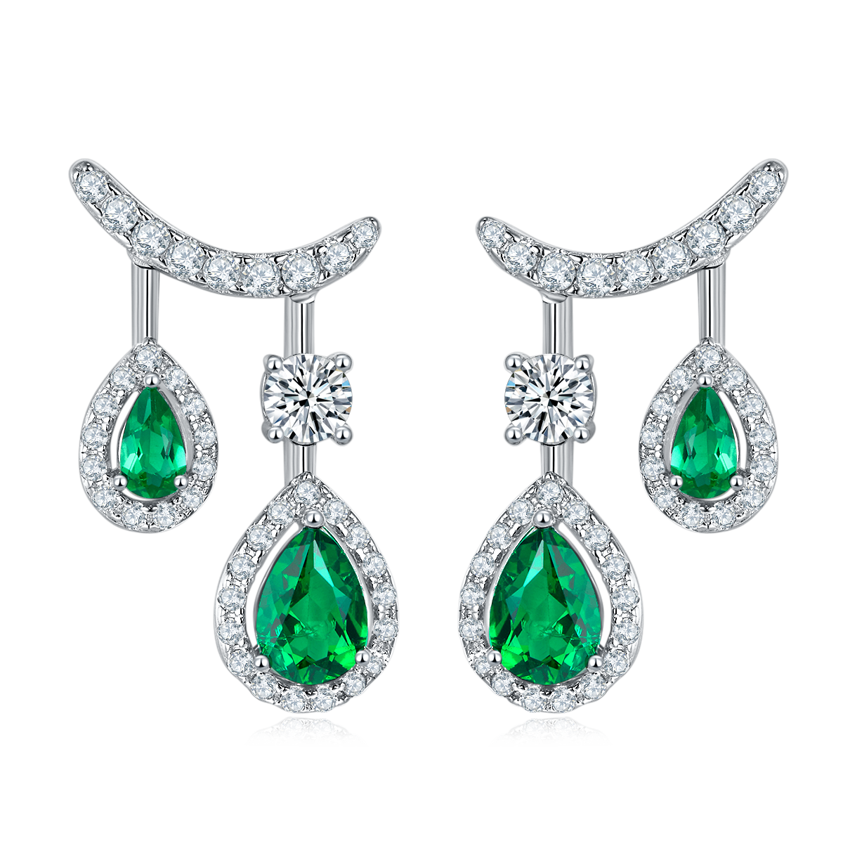 Pear-Cut Lab Emerald Halo Drop Earrings in 925 Sterling Silver