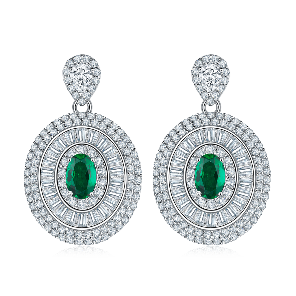 Oval-Cut Lab-Created Emerald Art Deco Halo Drop Earrings in 925 Sterling Silver