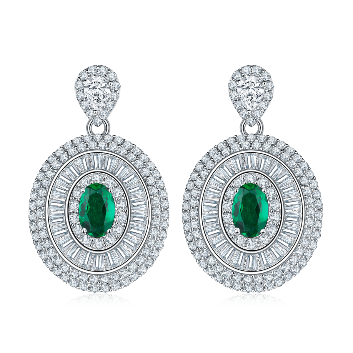 Oval-Cut Lab-Created Emerald Art Deco Halo Drop Earrings in 925 Sterling Silver
