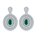 Oval-Cut Lab-Created Emerald Art Deco Halo Drop Earrings in 925 Sterling Silver
