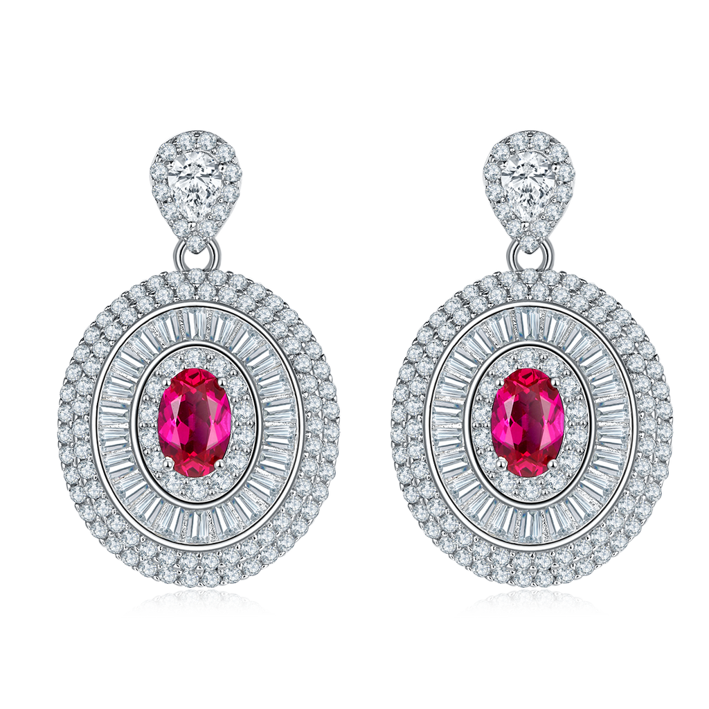 Oval-Cut Lab Ruby Double Halo Drop Earrings in 925 Sterling Silver