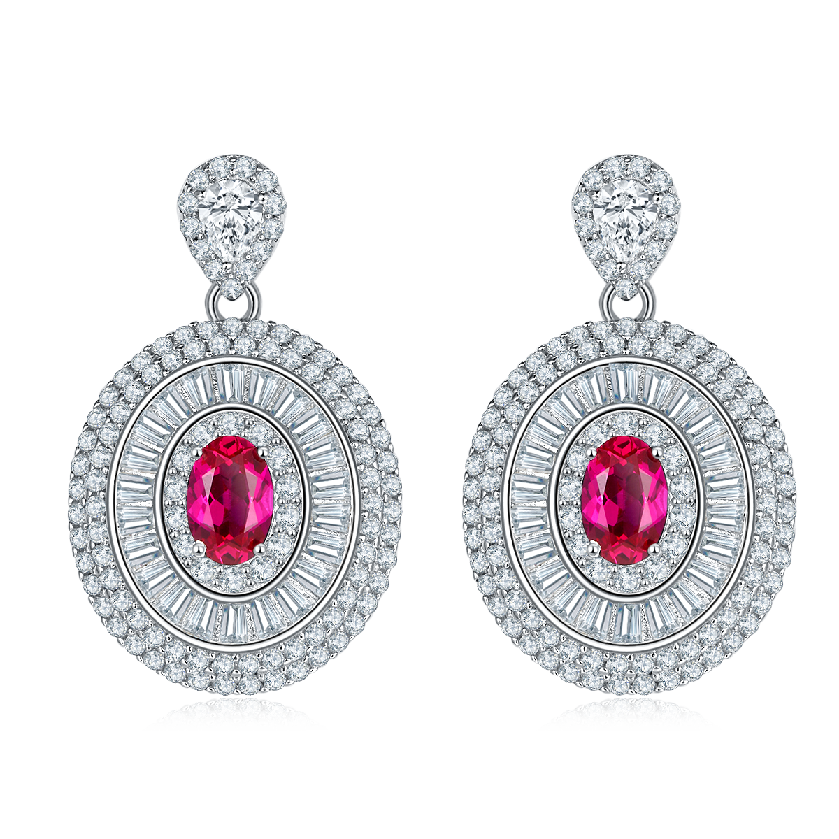 Oval-Cut Lab Ruby Double Halo Drop Earrings in 925 Sterling Silver