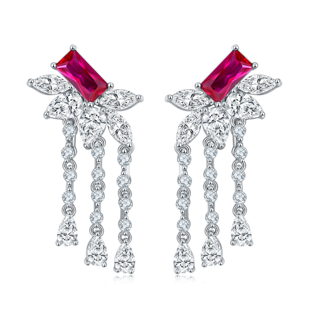 Lab-Created Ruby Rectangular Floral Chandelier Dangle Earrings in 925 Sterling Silver
