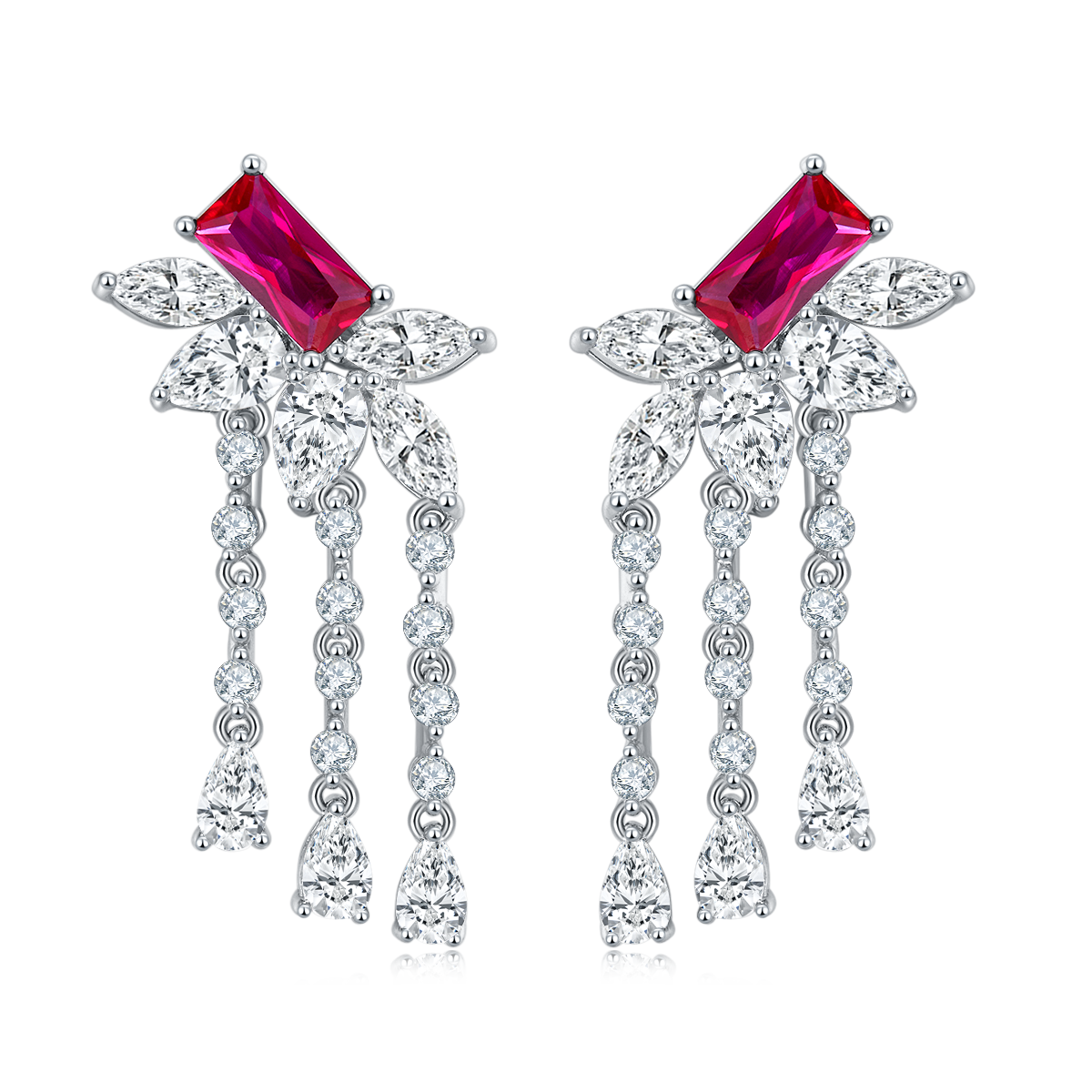 Lab-Created Ruby Rectangular Floral Chandelier Dangle Earrings in 925 Sterling Silver