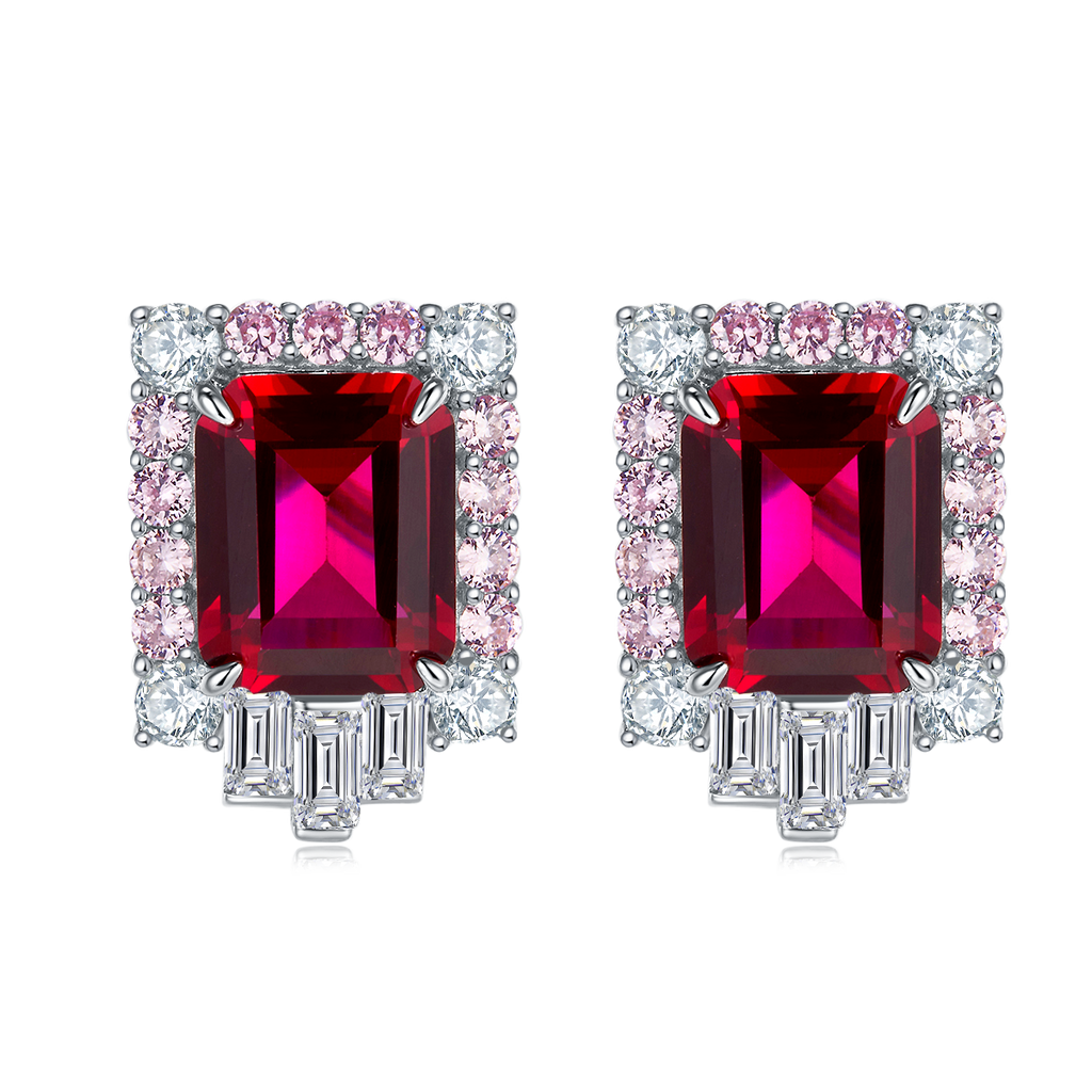 Emerald-Cut Lab Ruby Art Deco Halo Earrings in 925 Sterling Silver