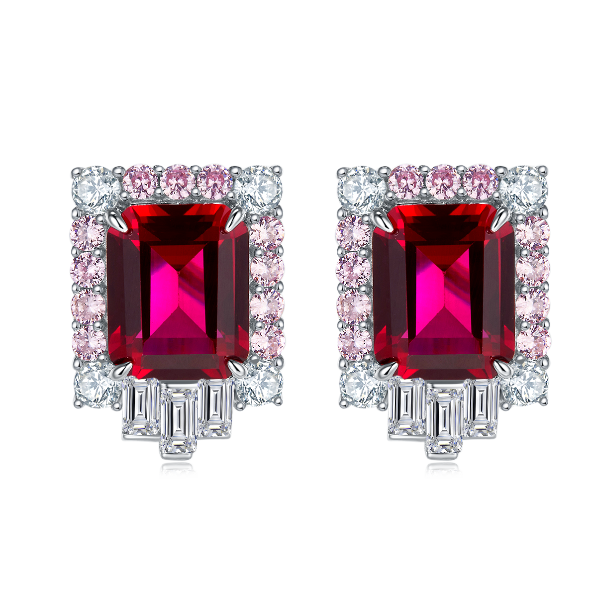 Emerald-Cut Lab Ruby Art Deco Halo Earrings in 925 Sterling Silver