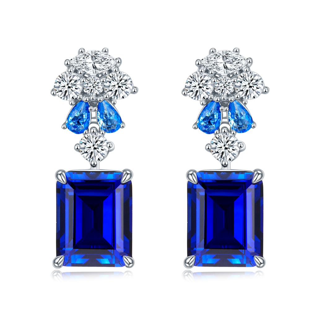 Emerald-Cut Lab Sapphire Floral Cluster Drop Earrings in 925 Sterling Silver