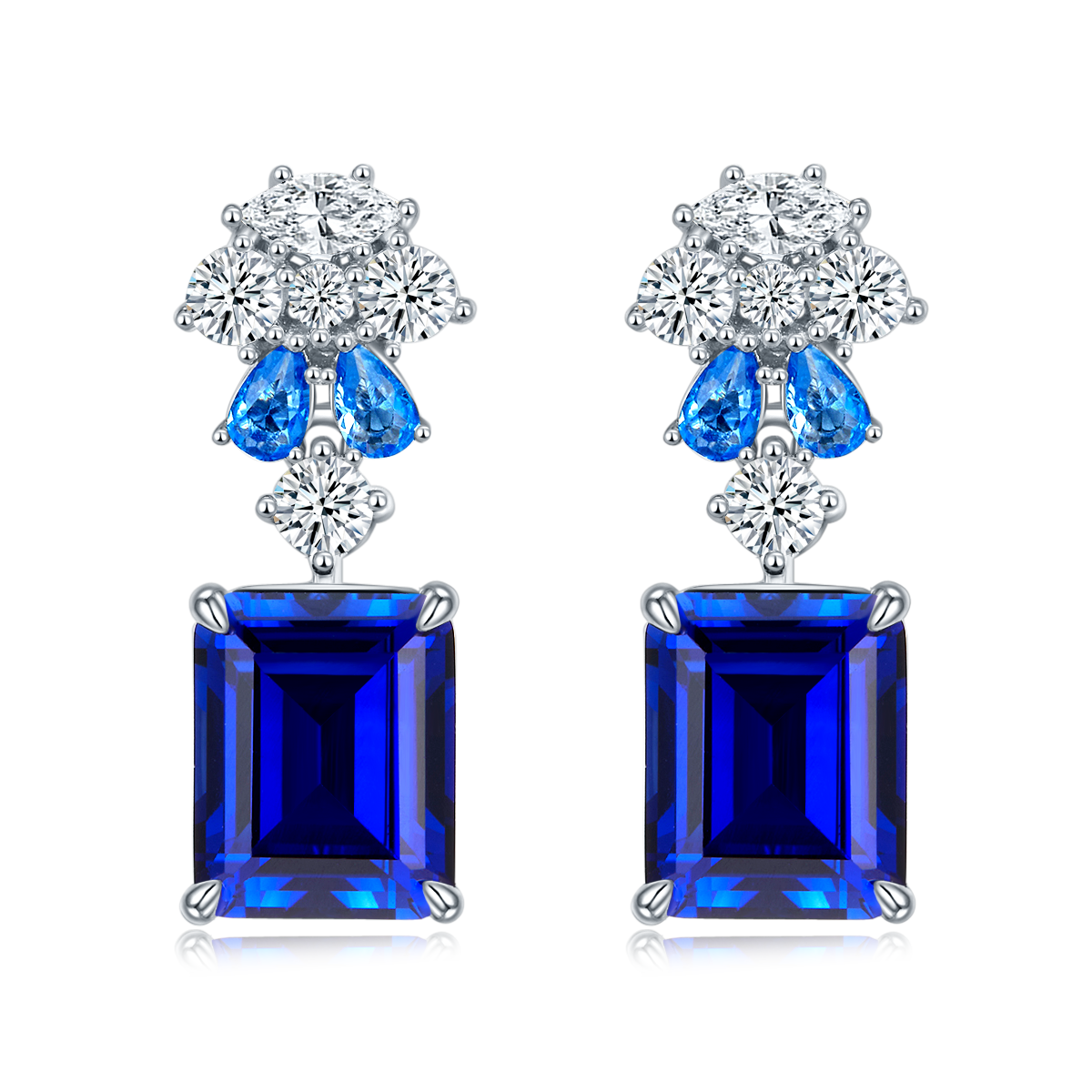 Emerald-Cut Lab Sapphire Floral Cluster Drop Earrings in 925 Sterling Silver