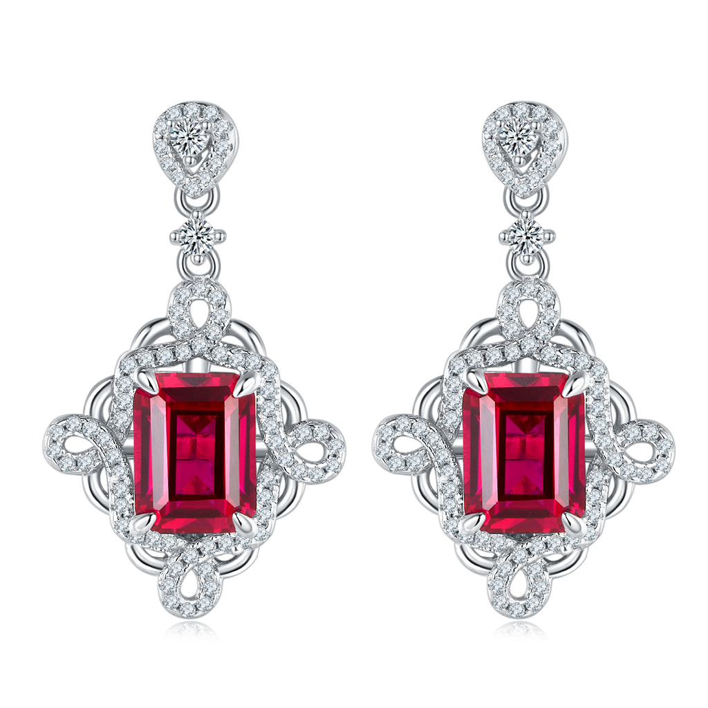Emerald-Cut Ruby-Red Moissanite Vintage Scroll Dangle Earrings in 925 Sterling Silver