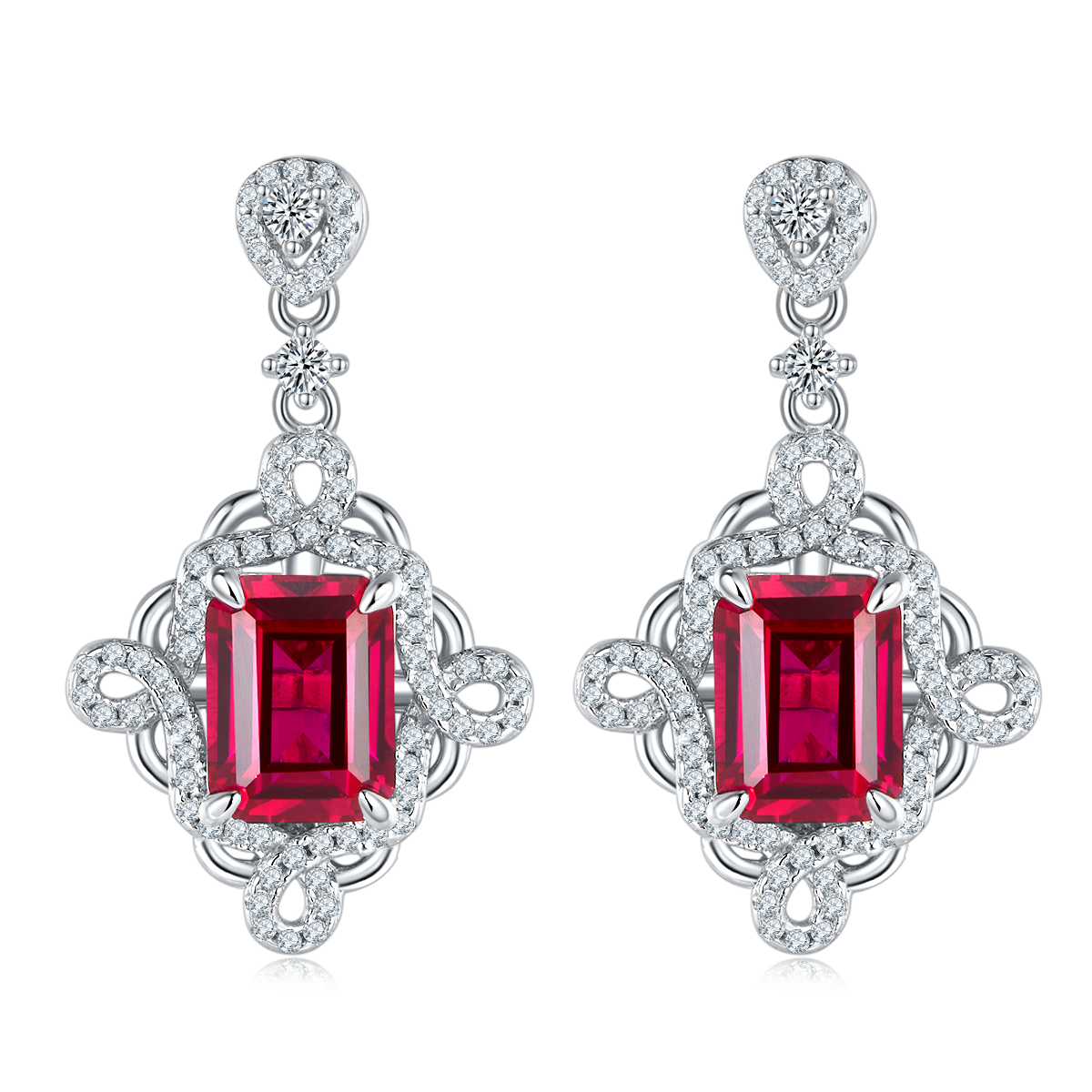 Emerald-Cut Ruby-Red Moissanite Vintage Scroll Dangle Earrings in 925 Sterling Silver