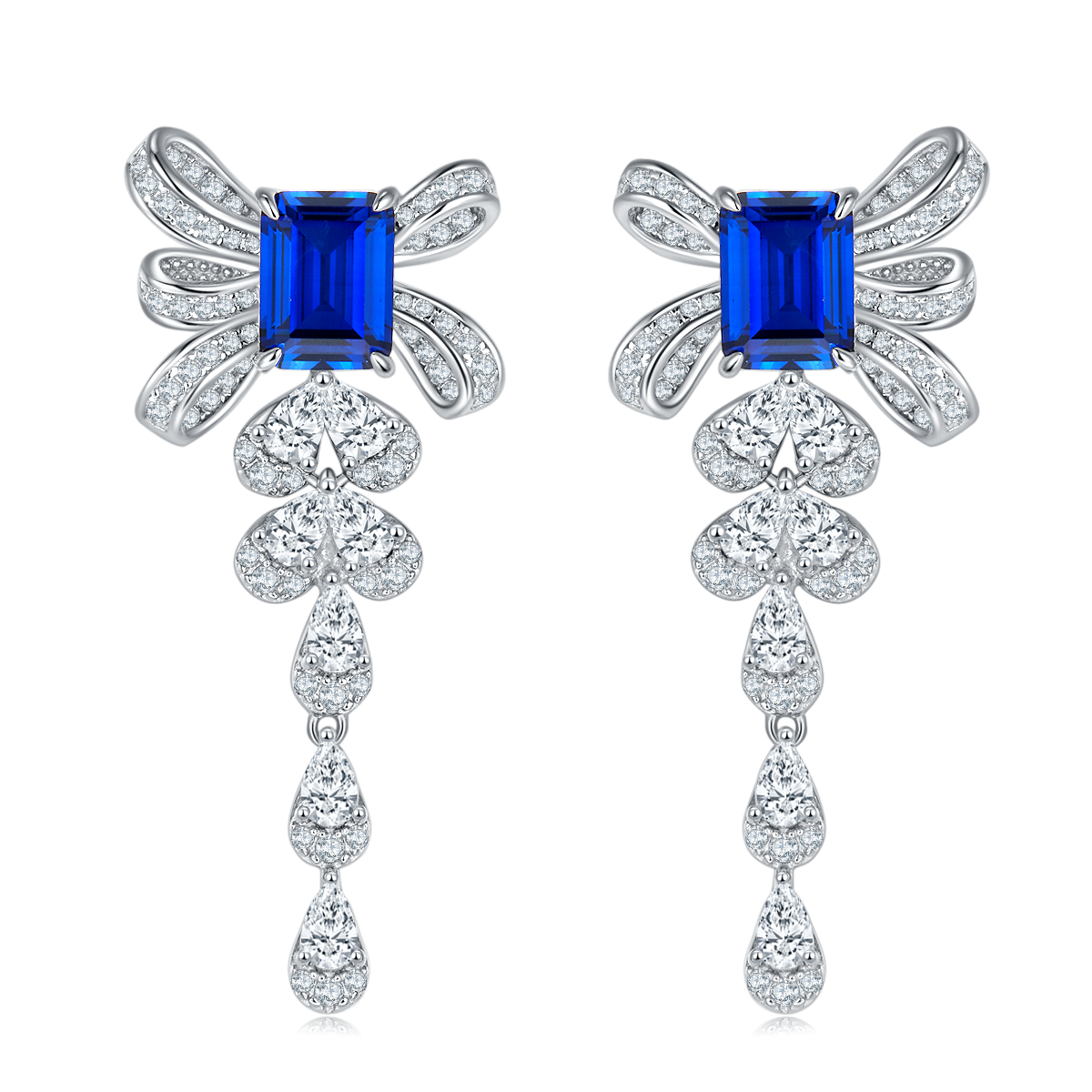 Emerald-Cut Lab Gem Bow Drop Earrings in 925 Sterling Silver