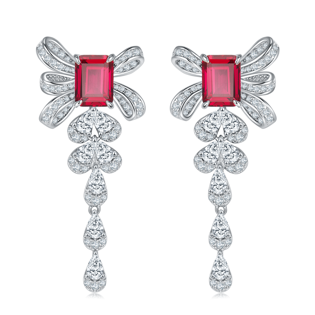 Emerald-Cut Lab Gem Bow Drop Earrings in 925 Sterling Silver