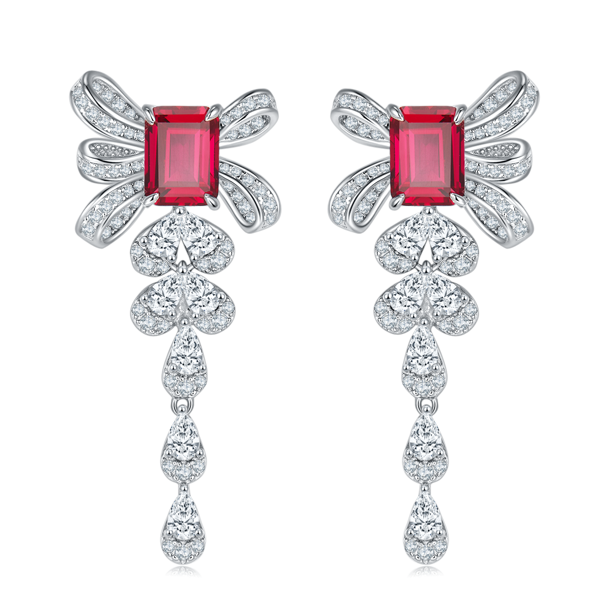 Emerald-Cut Lab Gem Bow Drop Earrings in 925 Sterling Silver