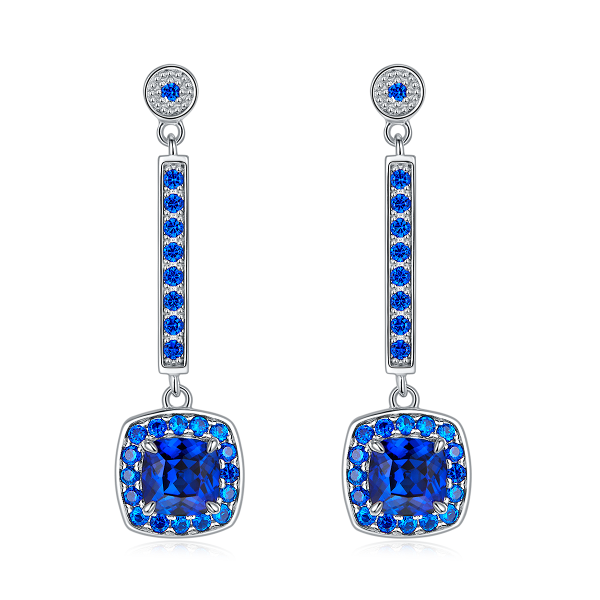 Cushion-Cut Lab Sapphire Halo Drop Earrings in 925 Sterling Silver