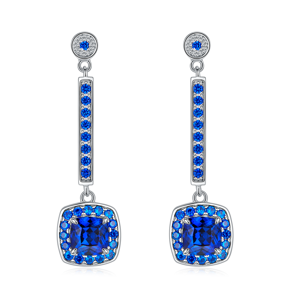 Cushion-Cut Lab Sapphire Halo Drop Earrings in 925 Sterling Silver