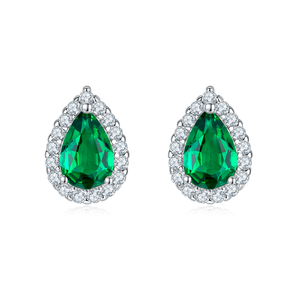 Pear-Cut Lab Emerald Halo Stud Earrings in 925 Sterling Silver