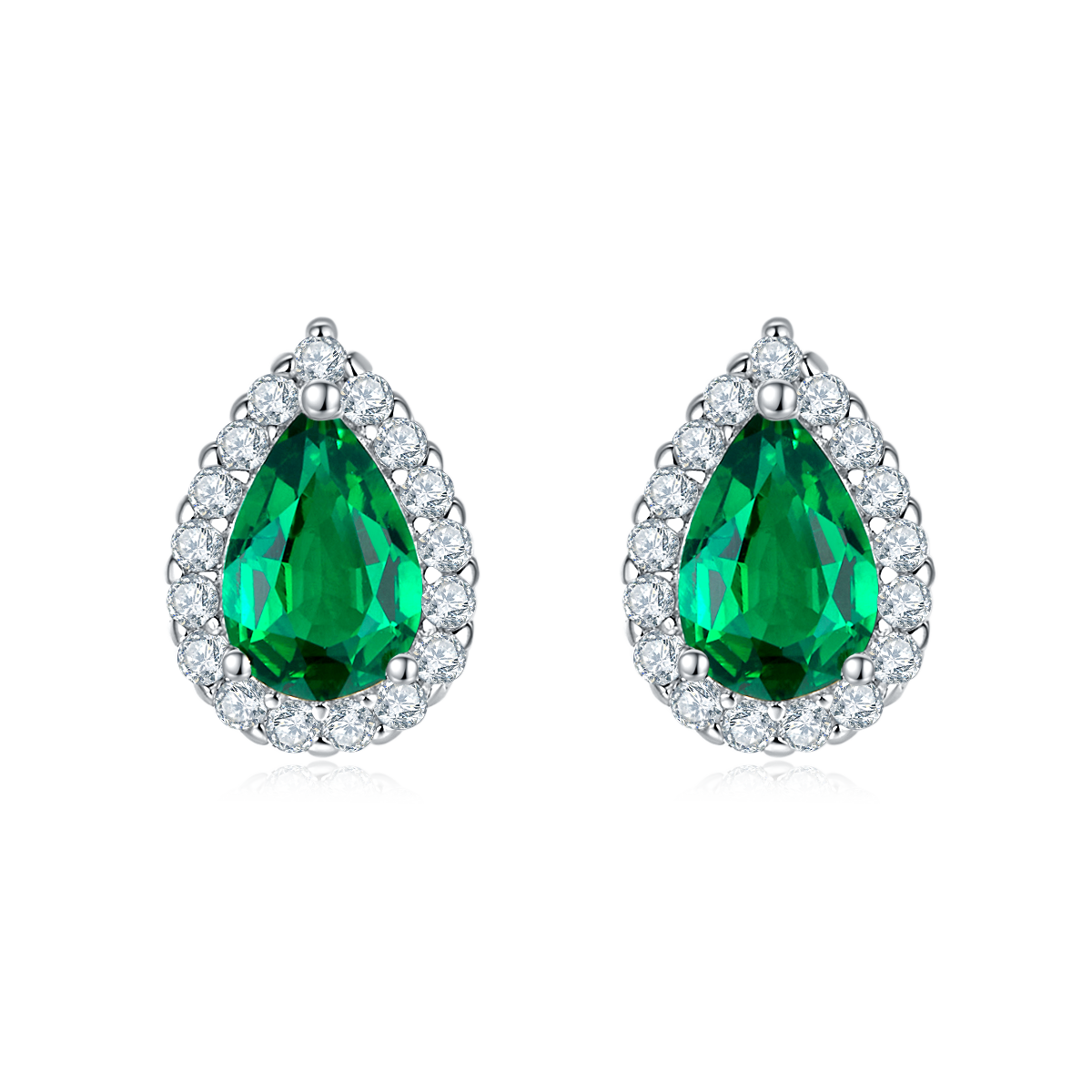 Pear-Cut Lab Emerald Halo Stud Earrings in 925 Sterling Silver